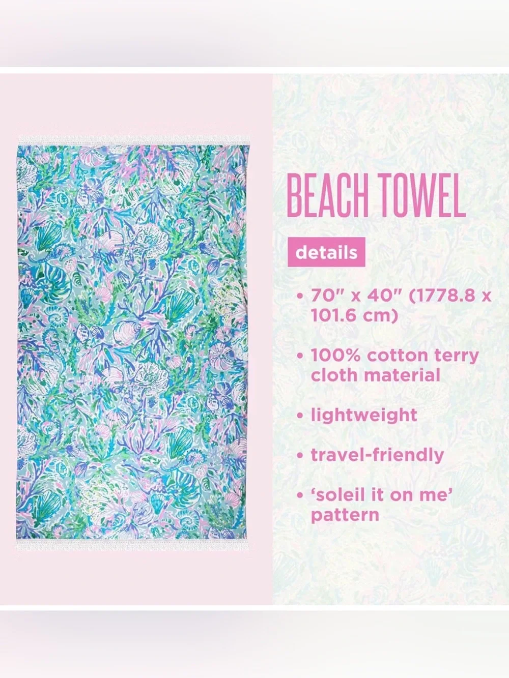 Lilly Pulitzer Soleil It On Me Fringe Large Beach Towel Blue Pink 100% Cotton